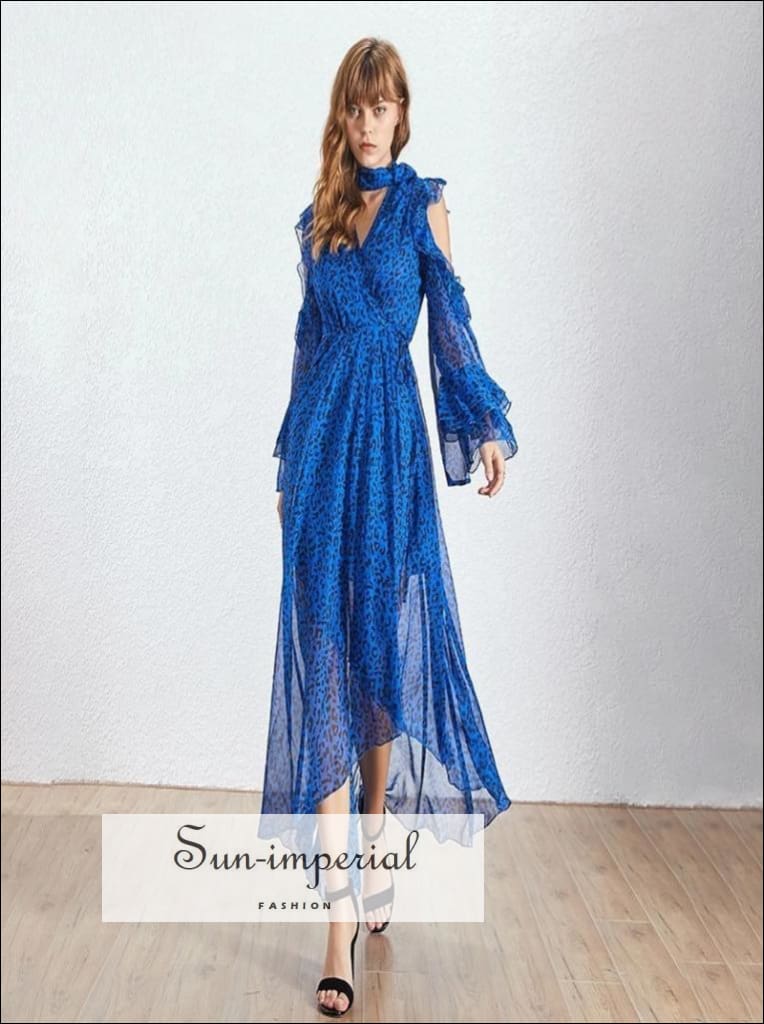 Sun-imperial - corona dress- vintage leopard women dress cold shoulder flare long sleeve high waist Blue / L Sun-imperial - corona dress- vintage leopard women dress cold shoulder flare long sleeve high waist Blue / L