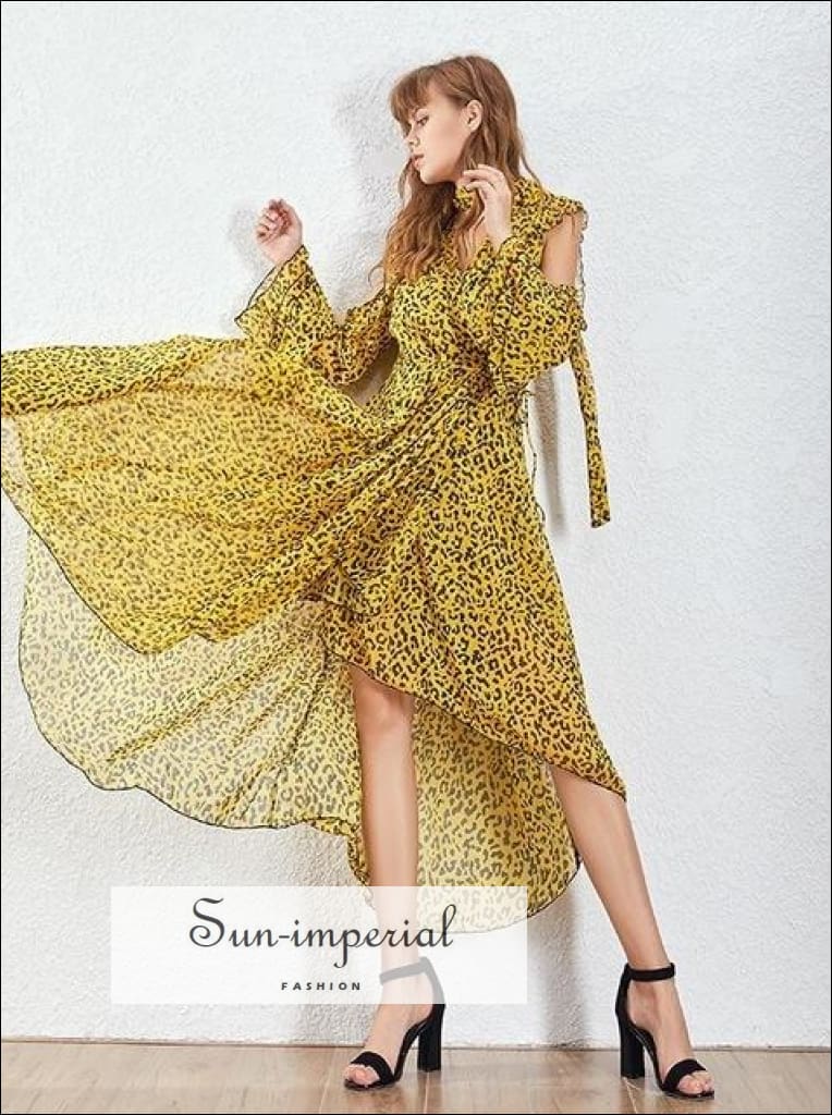 Sun-imperial - corona dress- vintage leopard women dress cold shoulder flare long sleeve high waist Yellow / L Sun-imperial - corona dress- vintage leopard women dress cold shoulder flare long sleeve high waist Yellow / L