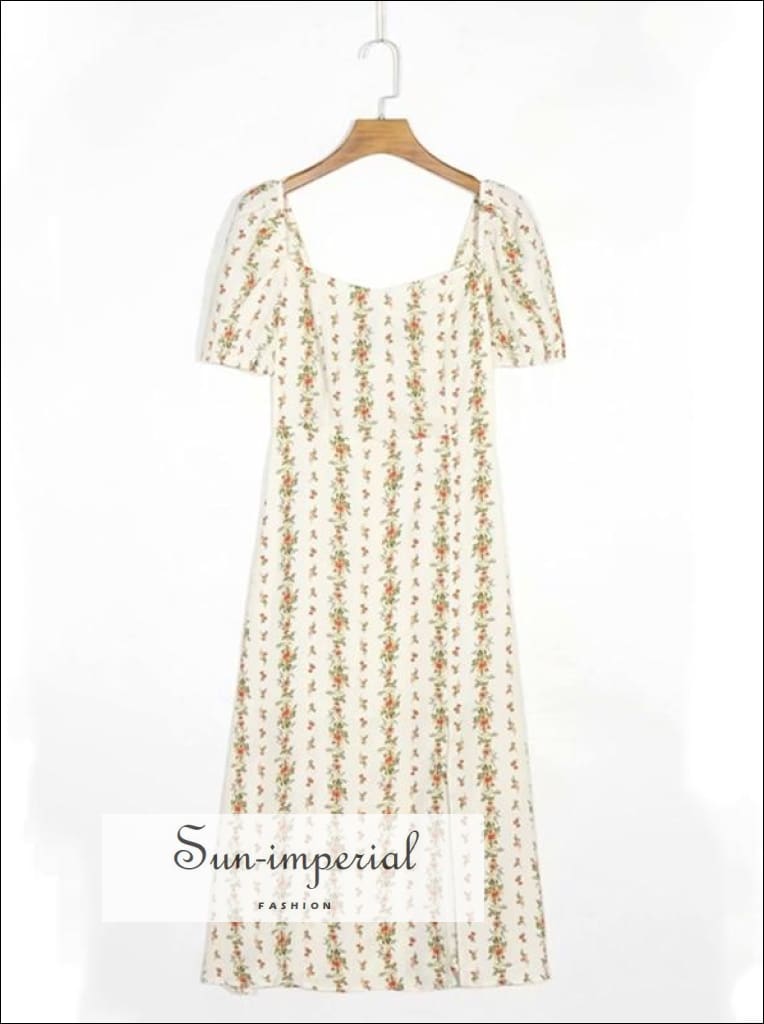 Sun-Imperial - Cream Floral Print Short Puff Sleeve Midi Dress with Back Bow Tie Detail H867 Cream N1042 / M Sun-Imperial - Cream Floral Print Short Puff Sleeve Midi Dress with Back Bow Tie Detail H867 Cream N1042 / M