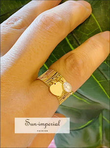 Gold-filled Cuff Dangle Ring With Heart Pendent And Pearl Detail Sun-Imperial United States