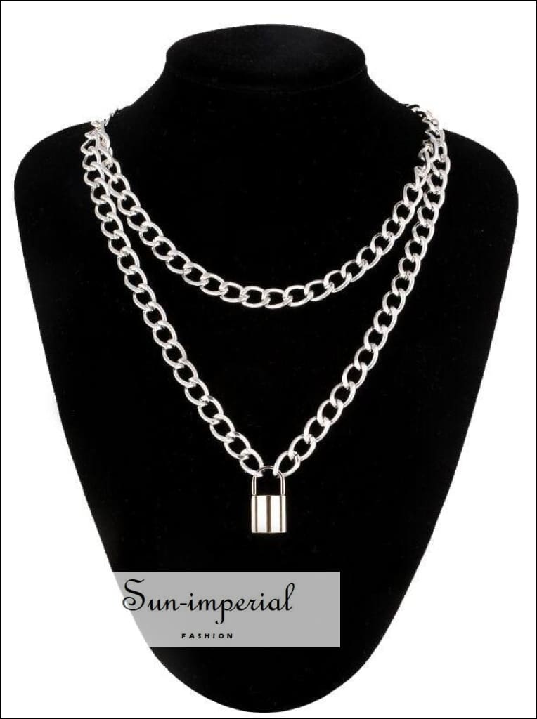 Grunge Link Chain Lock Pendant Necklace for Women Men Silver Color  Stainless Steel Jewelry on the Neck Punk Accessories Gifts