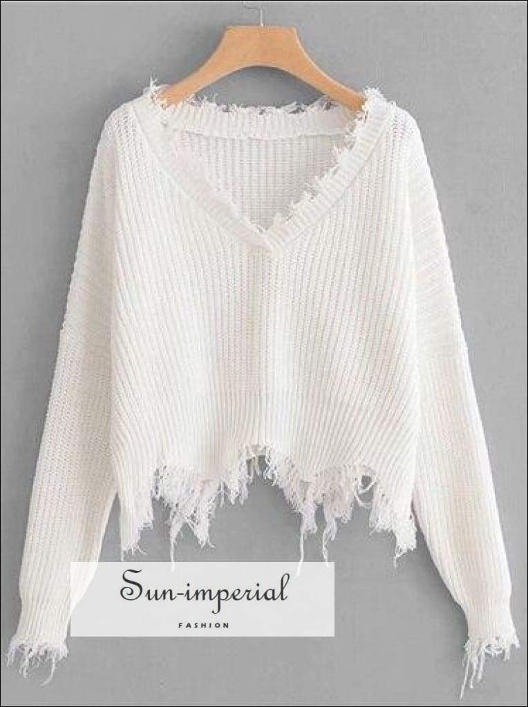 White frayed outlet sweater