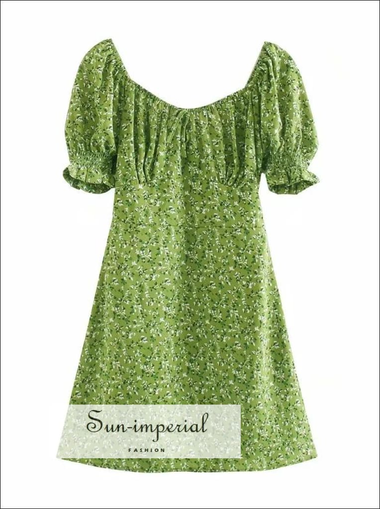 navy blue dress for baby girl Green Floral Tulle A-line Short Dress with Tie Shoulders – Ohmollydress