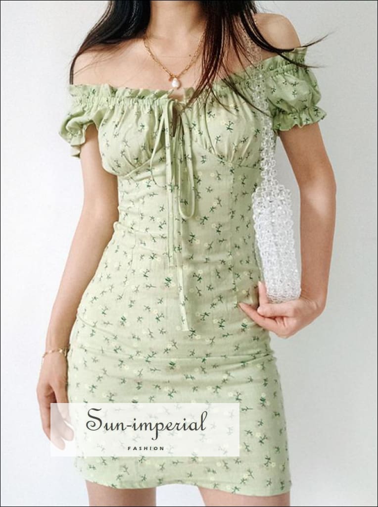 Sun-imperial - green floral off the shoulder mini dress frill neck dress  tie front cotton mini dress  Sun-Imperial