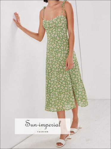 Green Floral Tie Strap Split front Corset Style Midi Dress SUN-IMPERIAL United States
