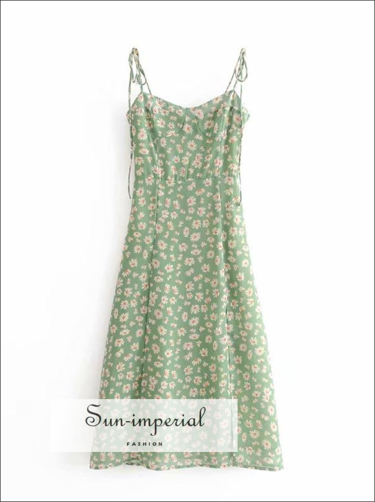 Sun-Imperial - Green Floral Tie Strap Split Front Corset Style Midi Dress Green / L Sun-Imperial - Green Floral Tie Strap Split Front Corset Style Midi Dress Green / L