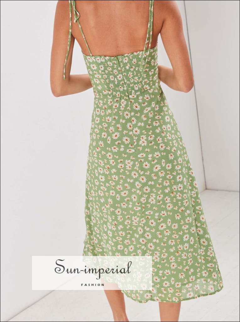 The Light Green Satin Floral Tie Strap Slit Midi Dress - Floral