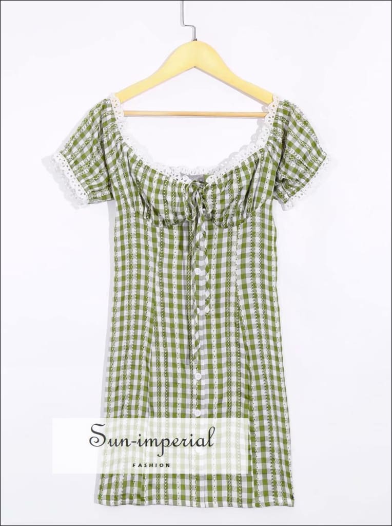 Sun-imperial - green off the shoulder short puff sleeve tartan plaid single breasted buttoned women DR5488 green N586 / S Sun-imperial - green off the shoulder short puff sleeve tartan plaid single breasted buttoned women DR5488 green N586 / S