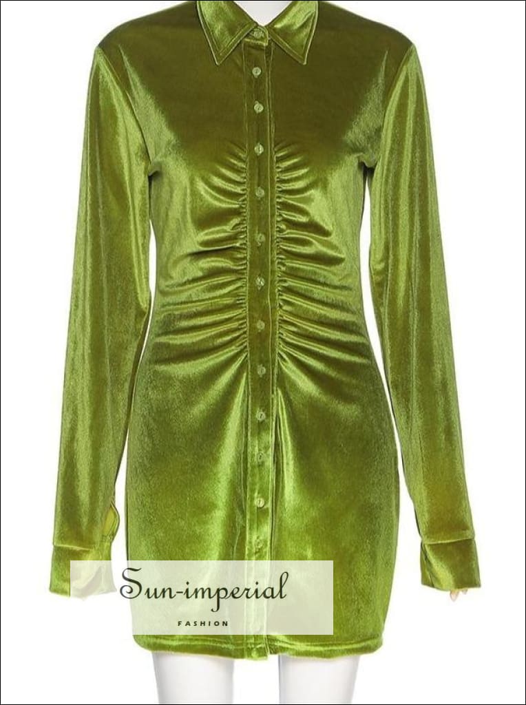 Sun-imperial - Green velvet long sleeve autumn bodycon mini dress with ruched center and turn down Green / M Sun-imperial - Green velvet long sleeve autumn bodycon mini dress with ruched center and turn down Green / M
