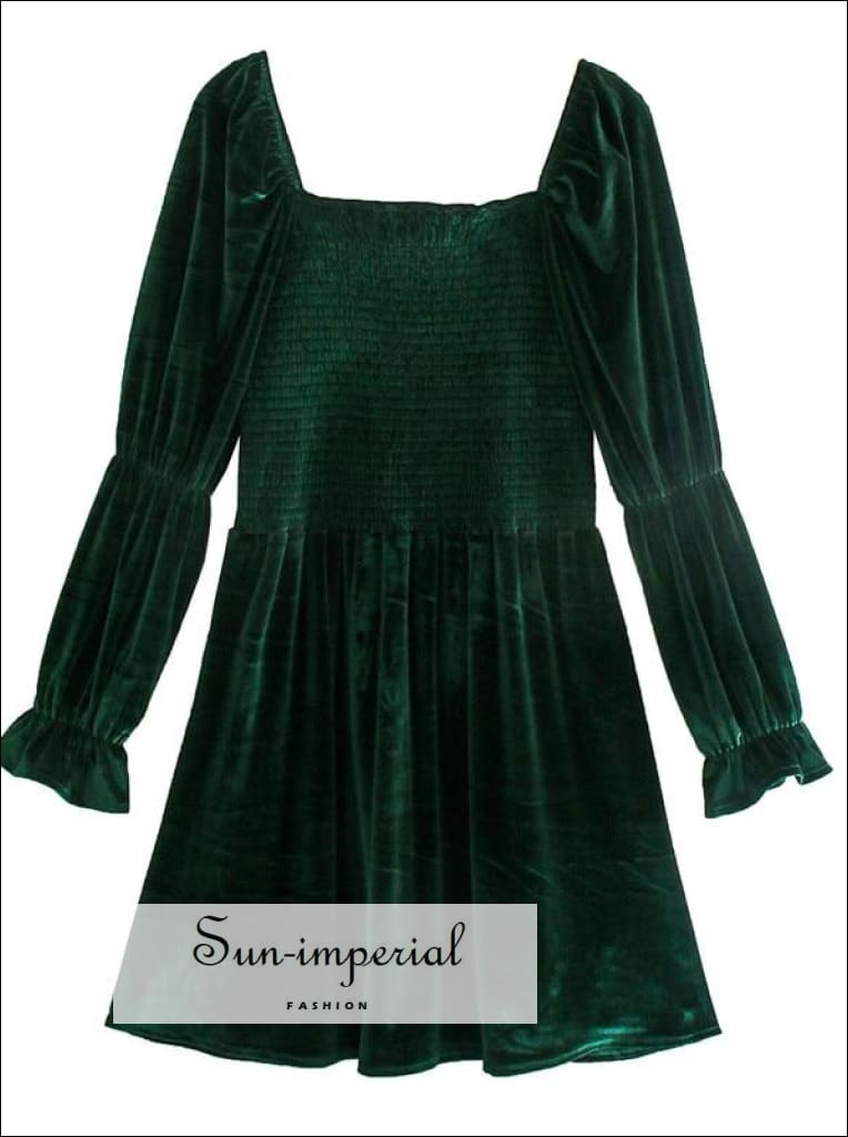 Sun-imperial - green velvet square collar long sleeve mini dress green / S Sun-imperial - green velvet square collar long sleeve mini dress green / S