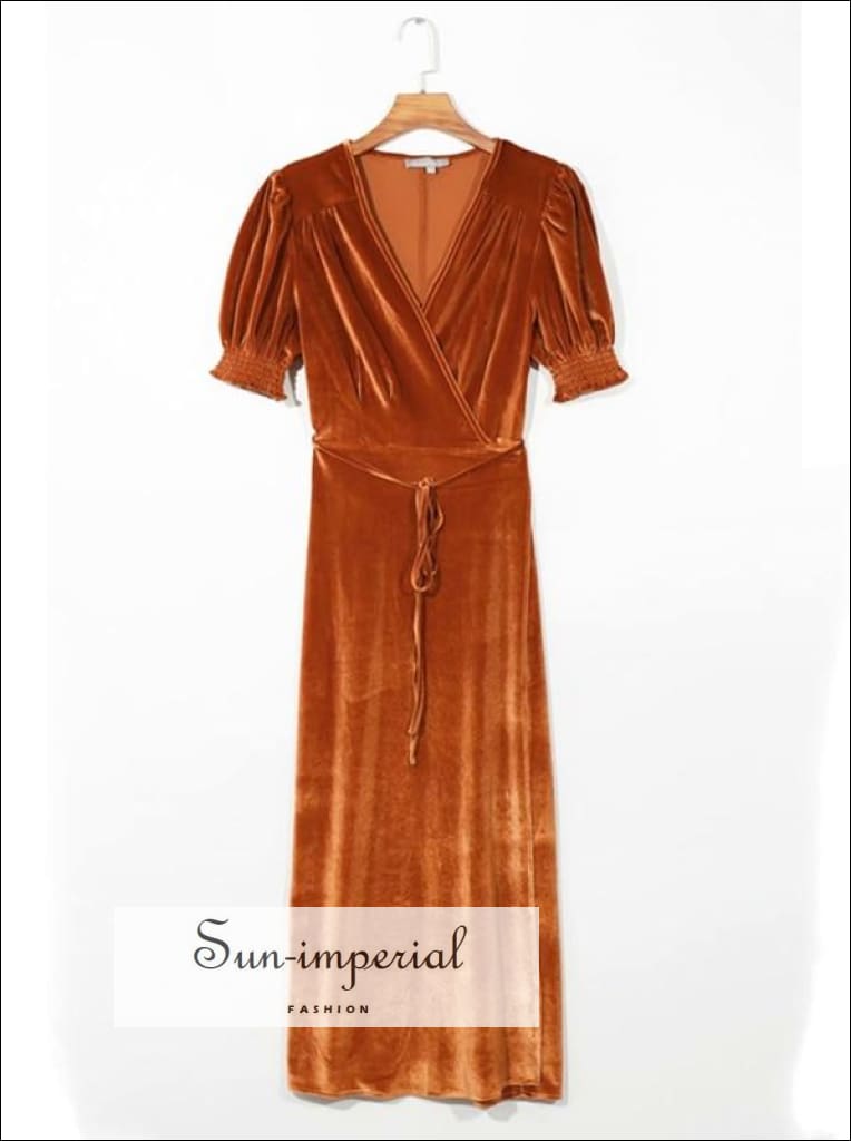 Sun-imperial - green velvet warp short flare puff sleeve midi dress DR5829 brown N1041 / S Sun-imperial - green velvet warp short flare puff sleeve midi dress DR5829 brown N1041 / S