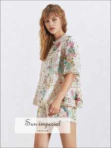 Sun-Imperial Josie Shorts Set -women Floral Print O Neck Short Sleeve Shirts High Waist Loose Shorts Sets