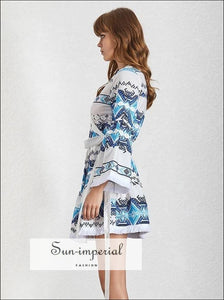 Kimono Dress - Women Embroidery Warp Tie Mini V Neck Flare Sleeve Patchwork, Sleeve, High Waist, Neck, vintage SUN-IMPERIAL United States