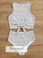 Knot front top with Dot High Waist Bikini Set - White Striped and bottom SUN-IMPERIAL United States