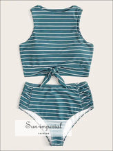 Knot front top with Dot High Waist Bikini Set - White Striped and bottom SUN-IMPERIAL United States
