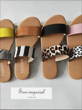 Leopard Double Band Flat Slide Sandals - Black animal print, Flat, Flip Flops, Leather/PU, SUN-IMPERIAL United States