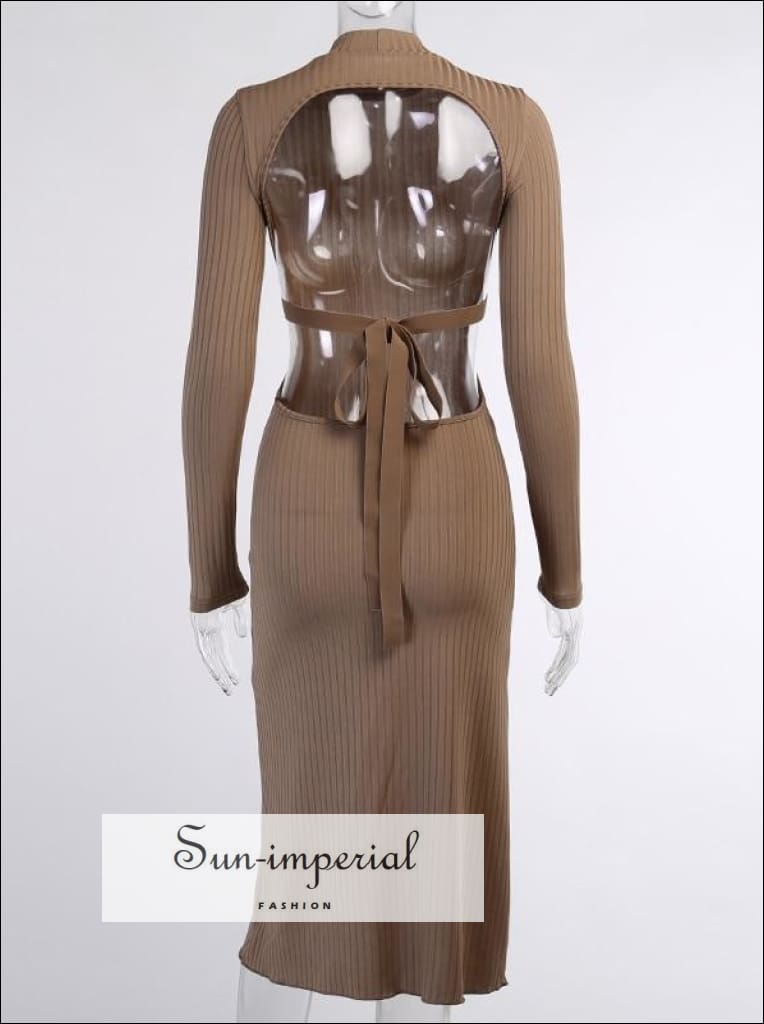 Sun-imperial - lilac purple backless long sleeve ribbed midi dress with mock turtleneck low back and Khaki / L Sun-imperial - lilac purple backless long sleeve ribbed midi dress with mock turtleneck low back and Khaki / L