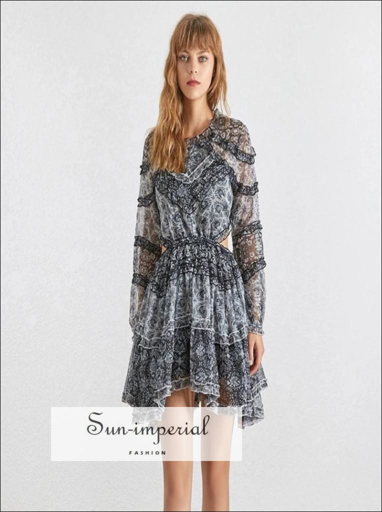 lille mini dress Lille Dress- Vintage Backless Floral Print Dress Three Quarter Sleeve High  Waist Ruffles Mini Dress
