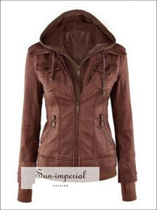 Long Sleeve Faux Leather Two-piece Women's Leather Jacket Pocket 4 Colors Xs-xl
