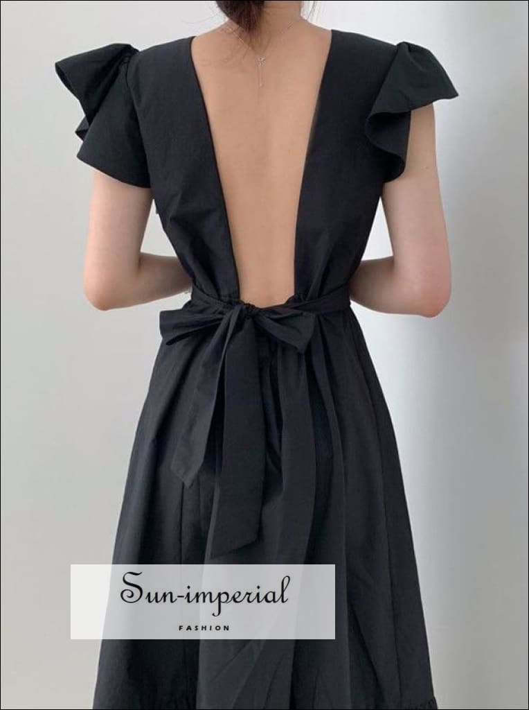 Sun-imperial - lovers dress - vintage backless White midi dress high waist short sleeve with ruffles Black / One Size Sun-imperial - lovers dress - vintage backless White midi dress high waist short sleeve with ruffles Black / One Size