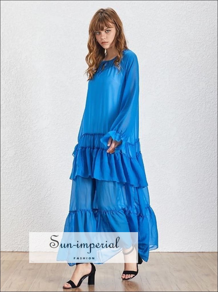 Sun-Imperial - Lucy Dress- Solid Blue Sheer Maxi Dress O Neck Lantern Sleeve Oversize Ruffles Dress Blue / S Sun-Imperial - Lucy Dress- Solid Blue Sheer Maxi Dress O Neck Lantern Sleeve Oversize Ruffles Dress Blue / S
