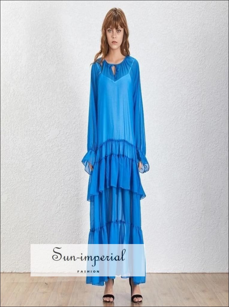 Sun-imperial - lucy dress- solid Blue sheer maxi dress o neck lantern sleeve oversize ruffles dress Blue / S Sun-imperial - lucy dress- solid Blue sheer maxi dress o neck lantern sleeve oversize ruffles dress Blue / S
