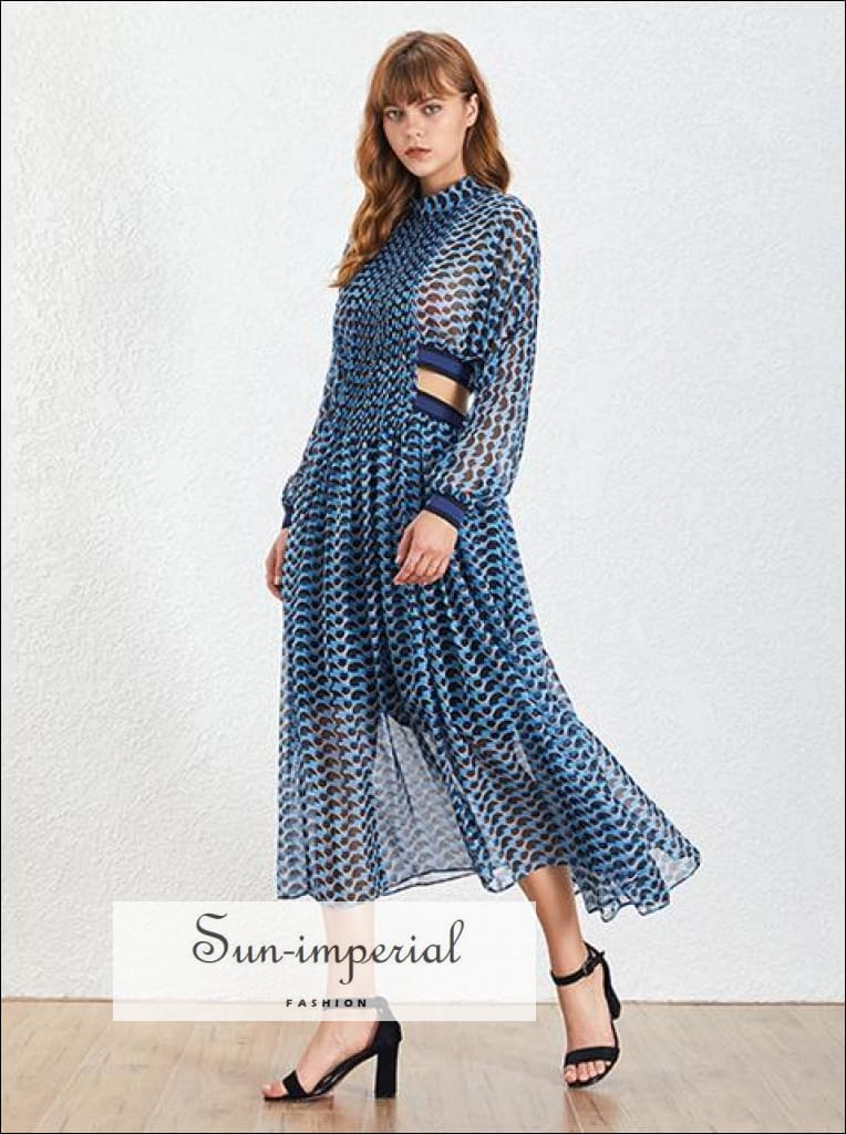 Sun-imperial - malibu dress - blue bohemian style a line sheer cut off waist womens dress maxi long blue / XL Sun-imperial - malibu dress - blue bohemian style a line sheer cut off waist womens dress maxi long blue / XL