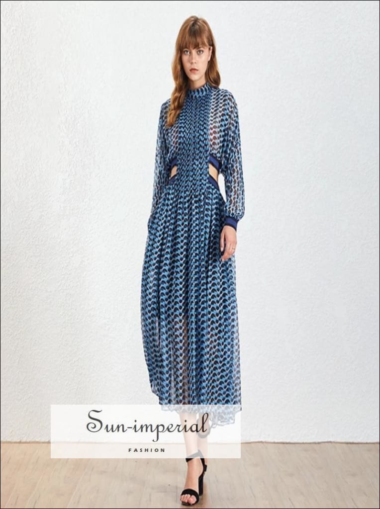 Sun-imperial - malibu dress - blue bohemian style a line sheer cut off waist womens dress maxi long blue / L Sun-imperial - malibu dress - blue bohemian style a line sheer cut off waist womens dress maxi long blue / L