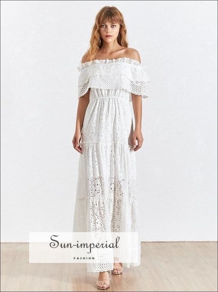 Sun-imperial - margaret dress- vintage White lace vintage off the shoulder short sleeve ruffles maxi White / M Sun-imperial - margaret dress- vintage White lace vintage off the shoulder short sleeve ruffles maxi White / M