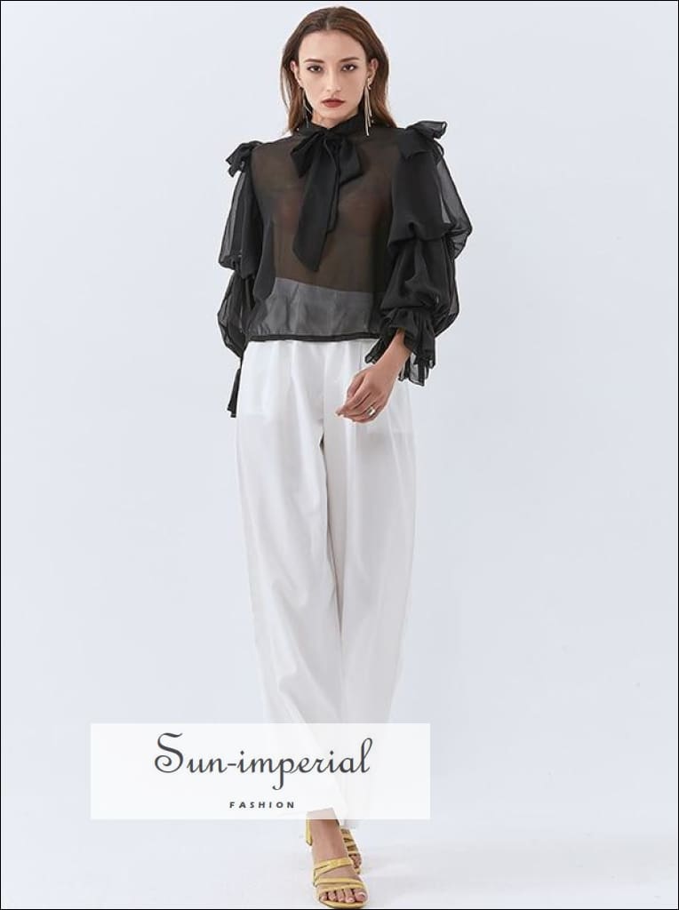 Massachusetts top - Black Sheer Chiffon Puff Long Sleeve Bowknot