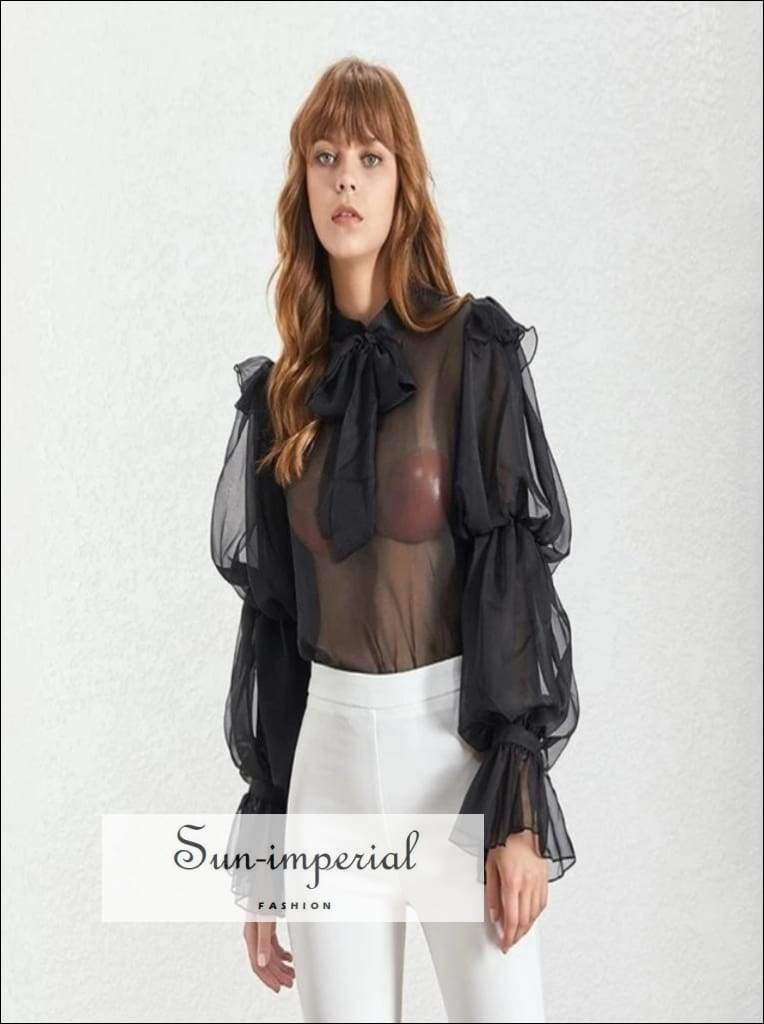 Massachusetts top - Black Sheer Chiffon Puff Long Sleeve Bowknot