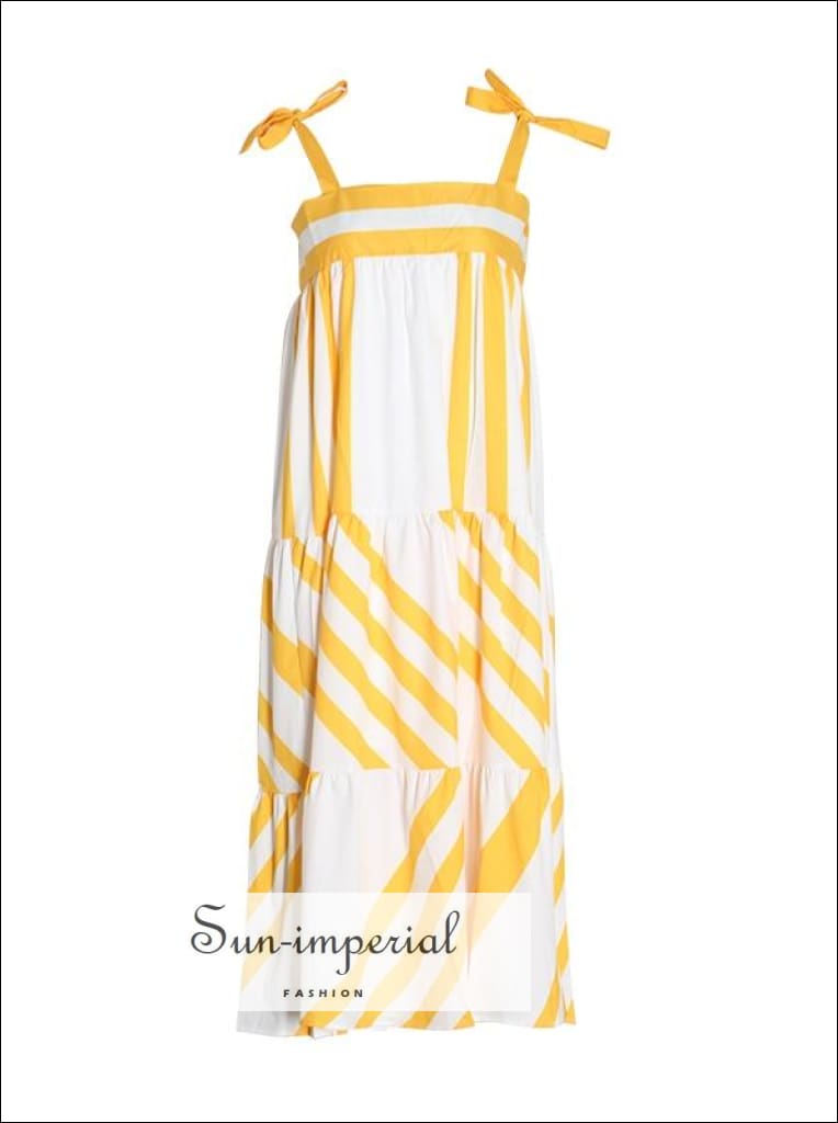 Sun-Imperial - Maya Dress- Striped Dress for Women Off Shoulder Sleeveless Bowknot Lace Up Oversize Yellow / L