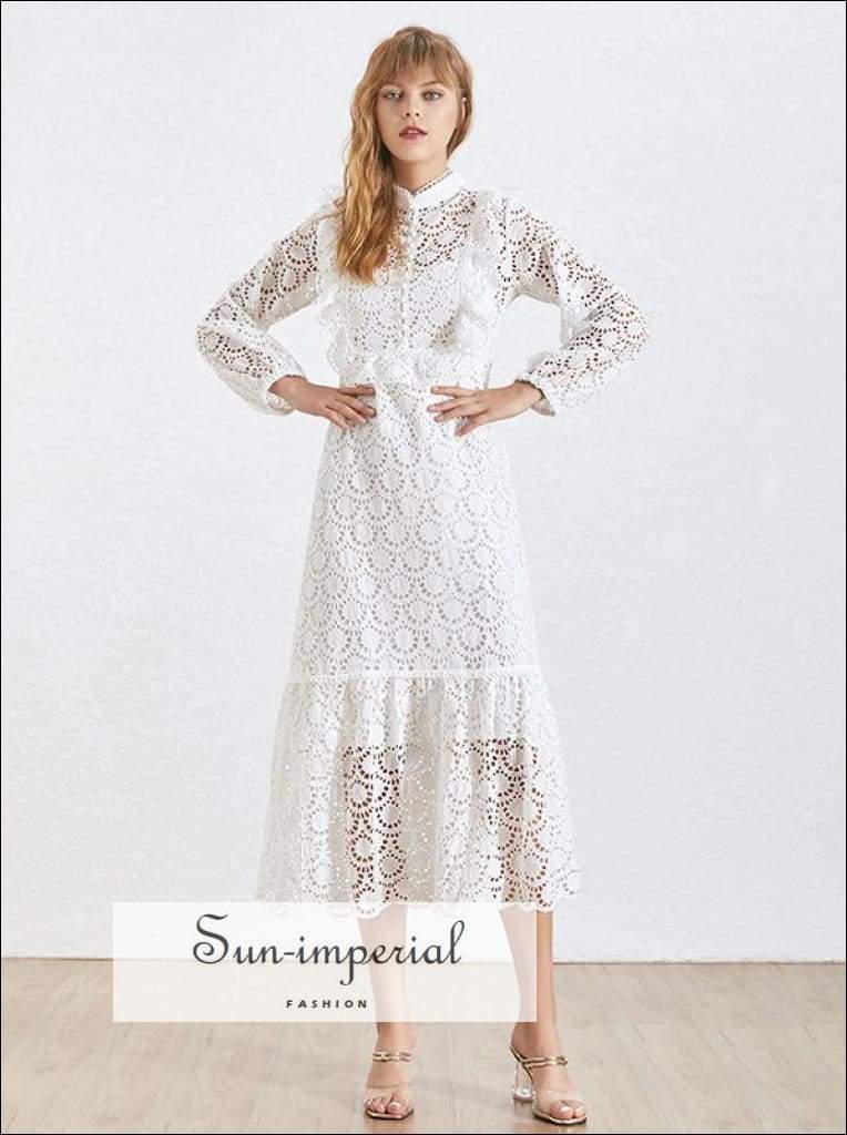 elegant lace dress with collar Luxury Women Lace Embroidery Dress Spring Summer Long Sleeve White Wedding Evening Party Hollow Out Vestido Dresses White / L
