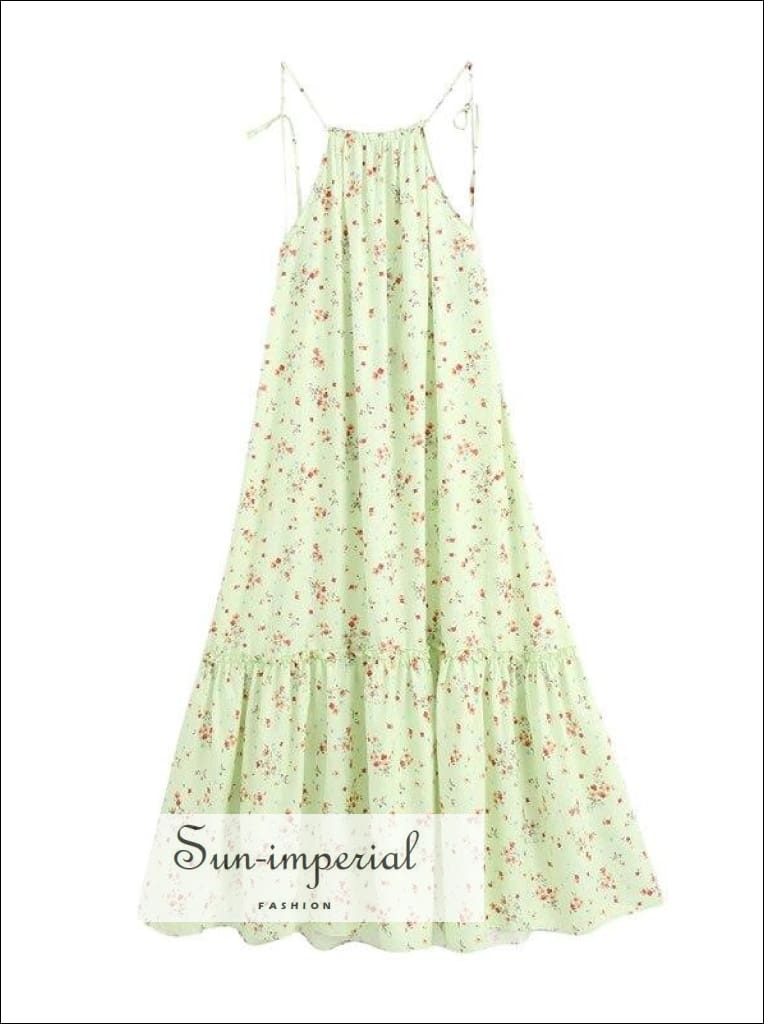 Sun-imperial - mint green floral print tassel tie halter sleeveless backless midi dress with ruffle Sun-Imperial Sun-imperial - mint green floral print tassel tie halter sleeveless backless midi dress with ruffle Sun-Imperial