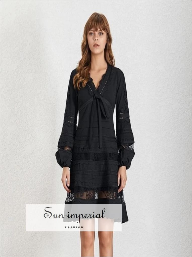Sun-imperial - monetary dress - solid white and black bow tie front lace  elegant sheer women dress v  Sun-Imperial