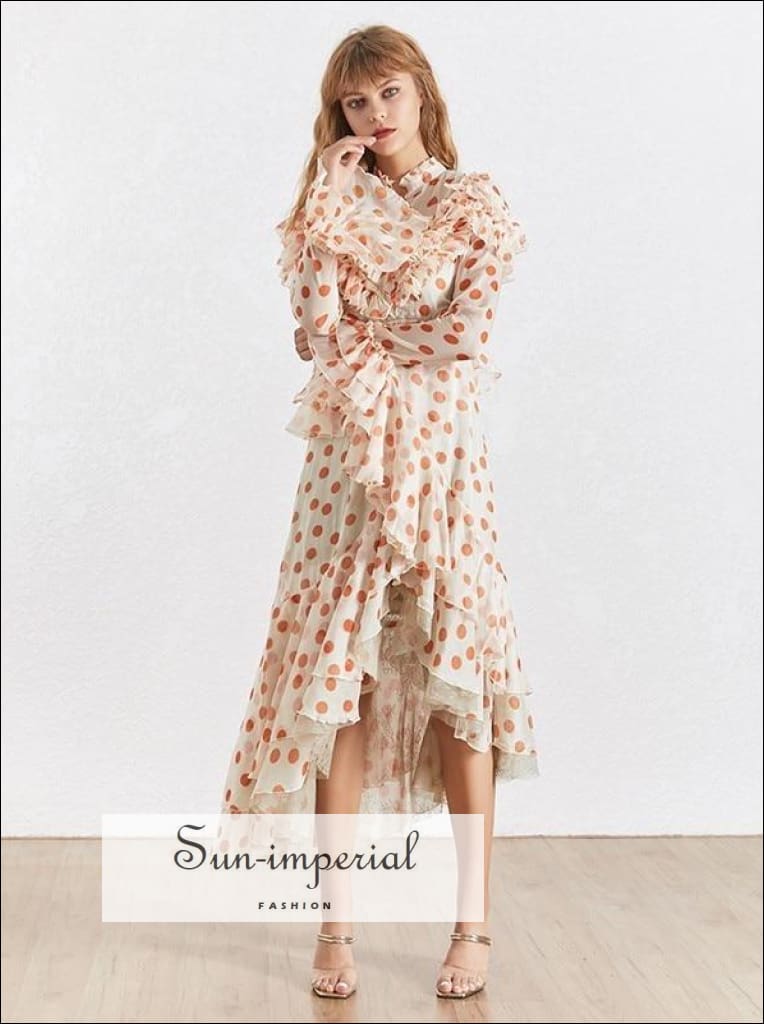 Sun-imperial - nashville dress- polka dot chiffon ruffles dress women long sleeve ruffles Orange / M Sun-imperial - nashville dress- polka dot chiffon ruffles dress women long sleeve ruffles Orange / M