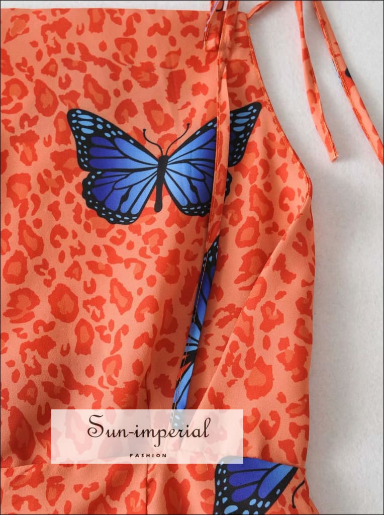 Sun-Imperial - Orange Leopard and Blue Butterfly Printed Slim Backless Tie Cami Strap Summer Mini 221 Orange JJ96 / L Sun-Imperial - Orange Leopard and Blue Butterfly Printed Slim Backless Tie Cami Strap Summer Mini 221 Orange JJ96 / L