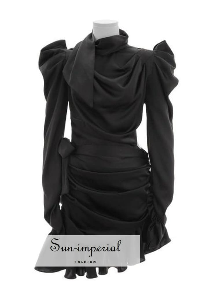 Sun-imperial - palermo dress- vintage elegant solid satin dresses puff long sleeve high waist cut Black / M Sun-imperial - palermo dress- vintage elegant solid satin dresses puff long sleeve high waist cut Black / M