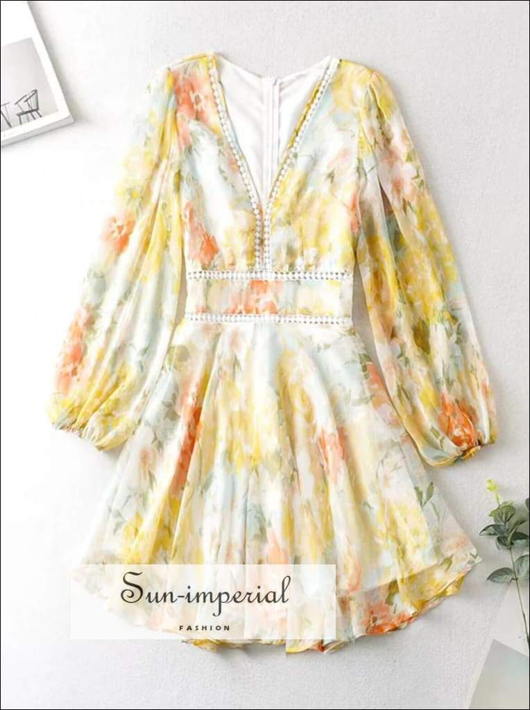 Sun-Imperial - Pastel Pink Spliced Deep V Neck Floral Long Sleeve Mini Dress with Lantern Sleeve Yellow / M Sun-Imperial - Pastel Pink Spliced Deep V Neck Floral Long Sleeve Mini Dress with Lantern Sleeve Yellow / M