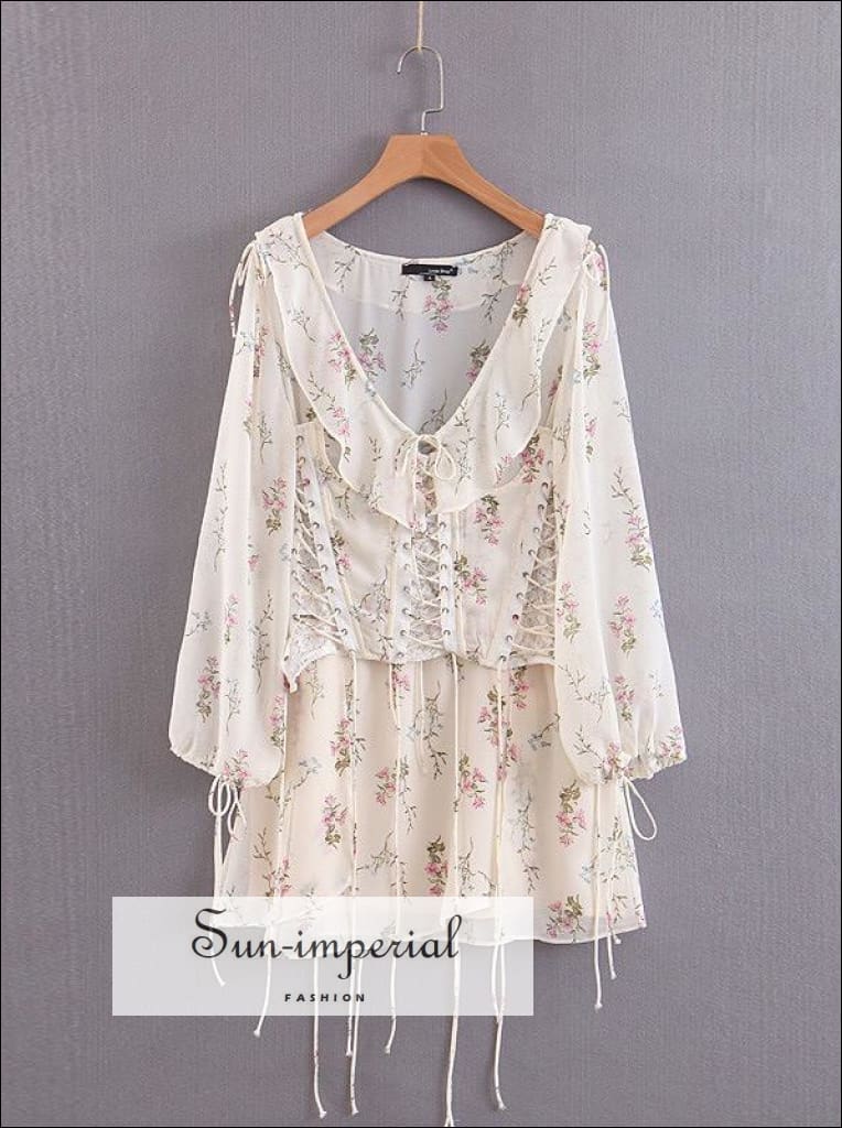 Sun-imperial - pink corset style v neck lace up waist long sleeve mini dress Beige / S Sun-imperial - pink corset style v neck lace up waist long sleeve mini dress Beige / S