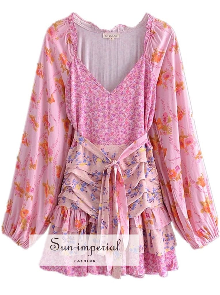 Sun-imperial - pink floral color blocked patchwork Beach holiday dress with long puff sleeve and MULTI / M Sun-imperial - pink floral color blocked patchwork Beach holiday dress with long puff sleeve and MULTI / M