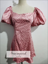 Pink Leopard Satin Mini Dress with Puff Short Sleeve and Lace up back detail best seller, chick sexy style, corset harajuku New Party