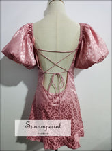 Pink Leopard Satin Mini Dress with Puff Short Sleeve and Lace up back detail best seller, chick sexy style, corset harajuku New Party