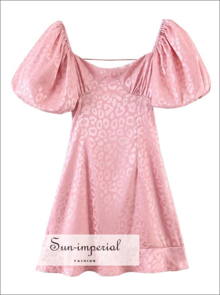 Pink Leopard Satin Mini Dress with Puff Short Sleeve and Lace up back detail
