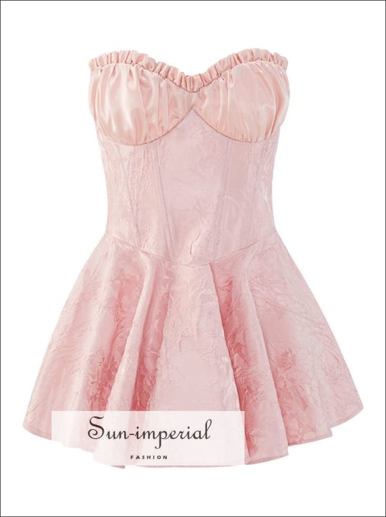 Sun-Imperial - Pink Satin Strapless Jacquard A-Line Corset Style Mini Dress Pink / L Sun-Imperial - Pink Satin Strapless Jacquard A-Line Corset Style Mini Dress Pink / L