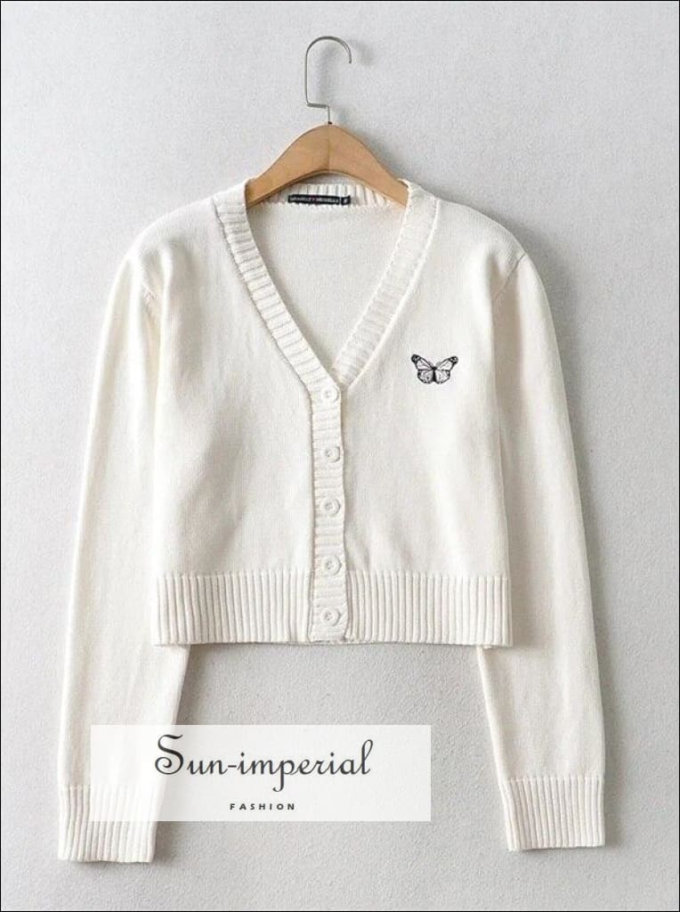 Sun-imperial - pink v neck embroidery butterfly crop knit cardigan