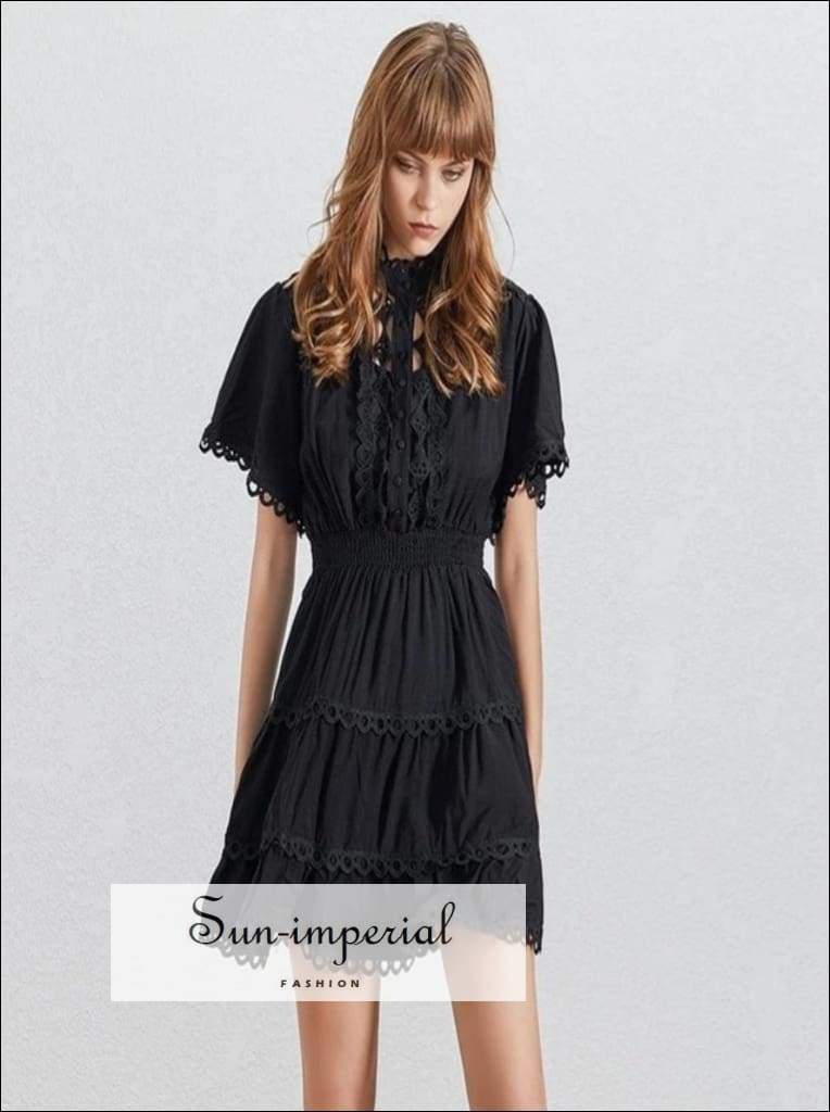 Sun-imperial - piper dress - summer black lace dress for women stand short sleeve high waist midi Sun-Imperial Sun-imperial - piper dress - summer black lace dress for women stand short sleeve high waist midi Sun-Imperial