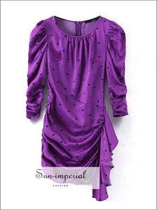 Purple Polka Dot Print Asymmetrical Puff Long Sleeve Mini Dress Women