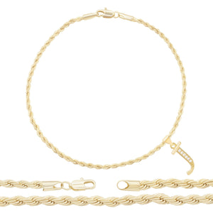 A-Z Initial Letter Pendant 14K Gold Filled Cubic Zirconia Rope Chain Anklet 10" Set CZ Charm Foot Bracelet 2.4 mm Female Women Girl