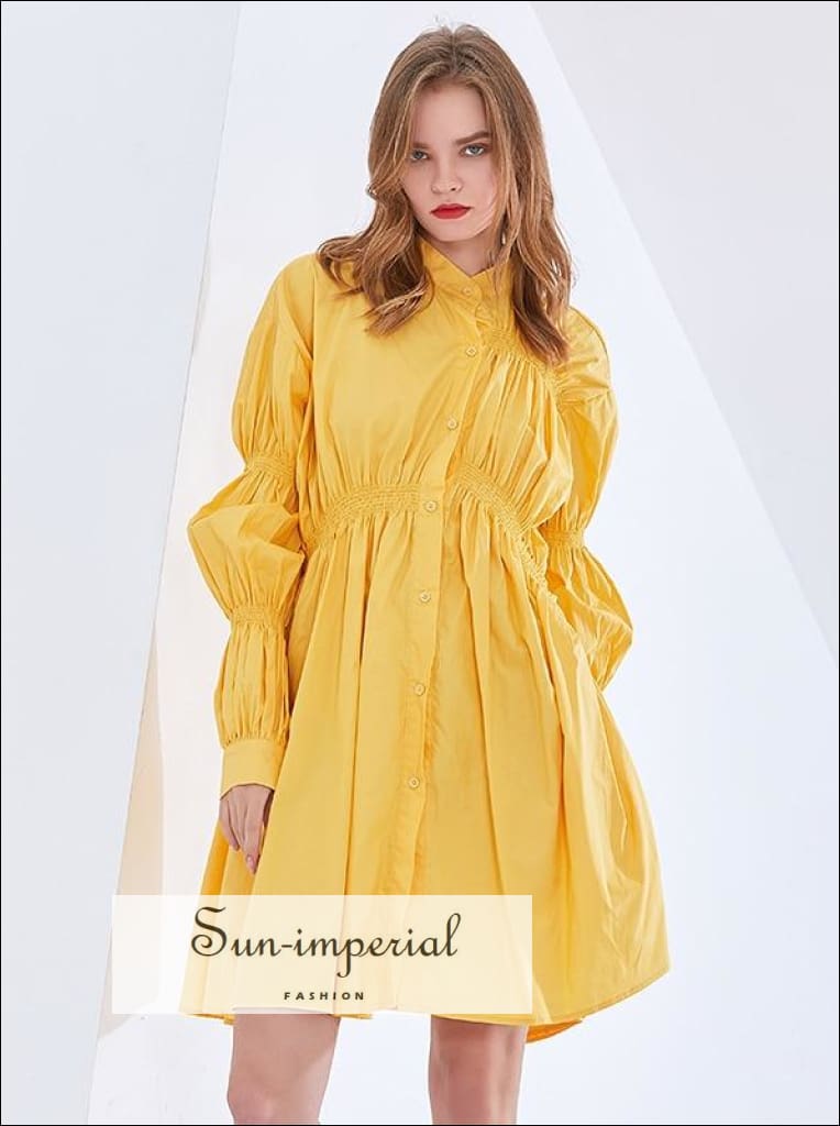 Sun-Imperial - Ronda Dress- Yellow Mustard Casual Midi Dress Stand Collar Puff Long Sleeve Buttoned Yellow / One Size Sun-Imperial - Ronda Dress- Yellow Mustard Casual Midi Dress Stand Collar Puff Long Sleeve Buttoned Yellow / One Size